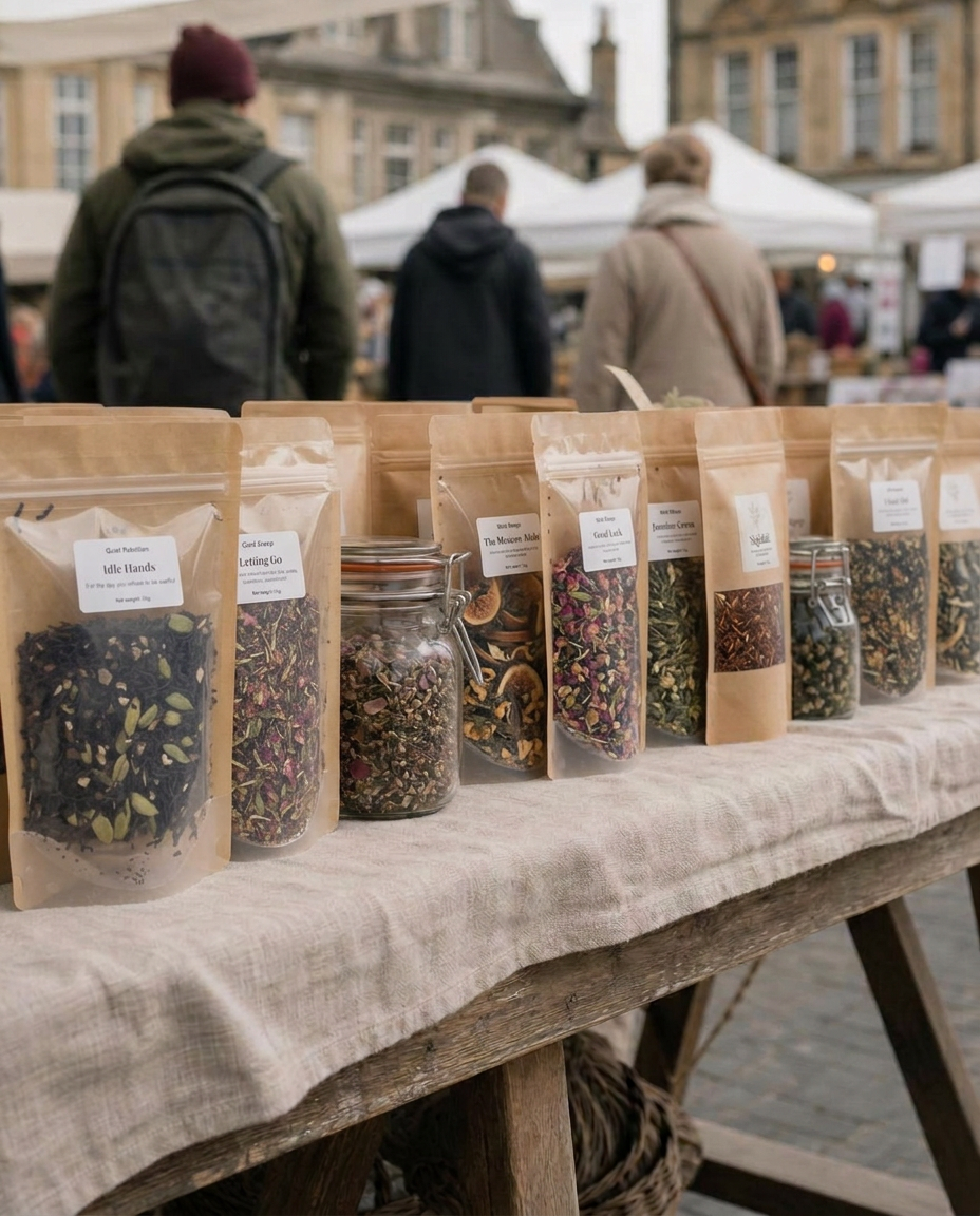 A real Wild Steep market stall with kraft pouches and glass jars of loose leaf tea on display.