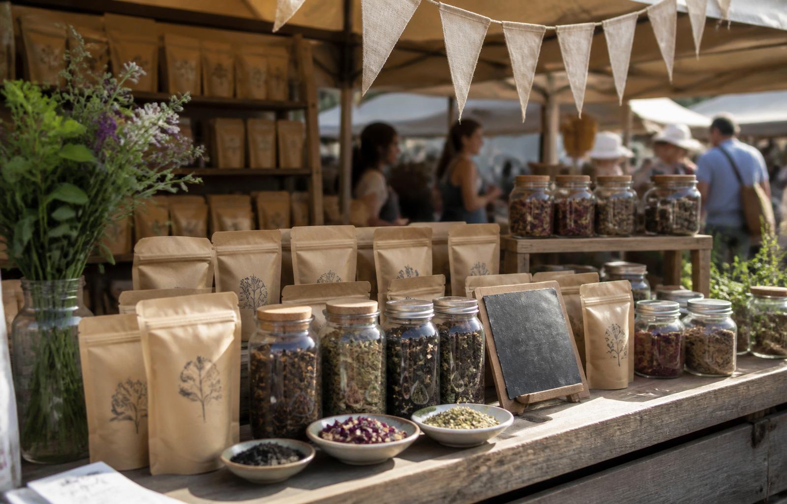 A Wild Steep market stall with kraft pouches, glass jars of loose leaf tea and botanicals.