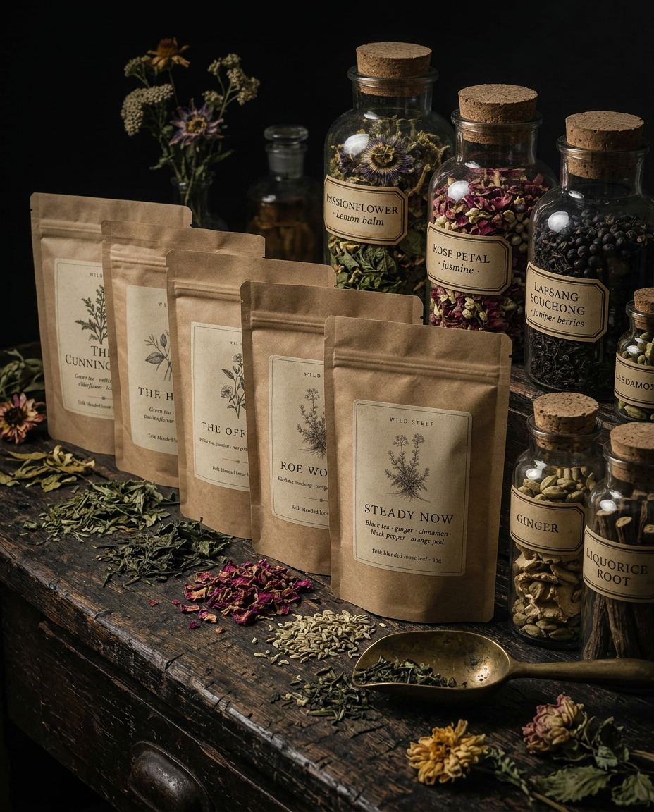 The blender's bench — a row of Wild Steep tea pouches alongside apothecary jars of botanicals