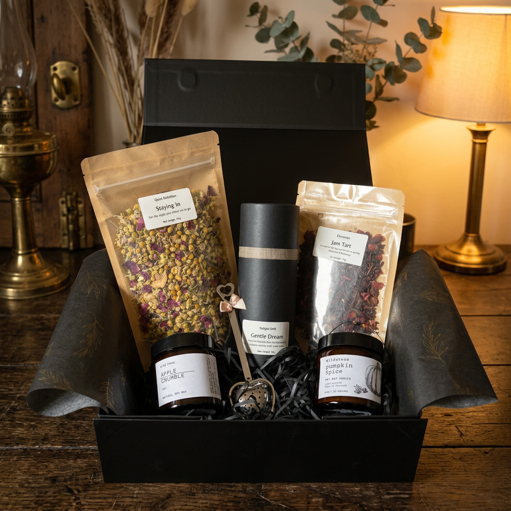 The Fireside Hamper with Staying In and Jam Tart pouches, Gentle Dreams premium tube, Apple Crumble and Pumpkin Spice candles and a heart-shaped infuser