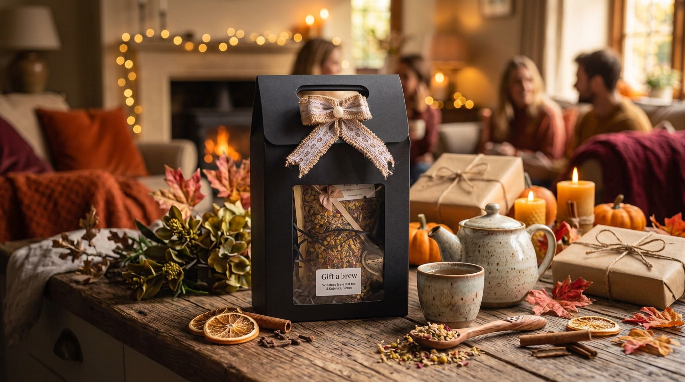 Wild Steep gift set with loose leaf tea pouches, heart infuser and ribbon-tied gift box on a kitchen worktop