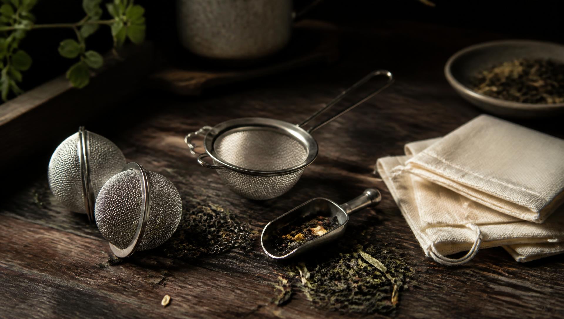 Stainless steel tea infusers, a mesh strainer, scoop and cotton brew bags with loose leaf tea on a dark wooden bench