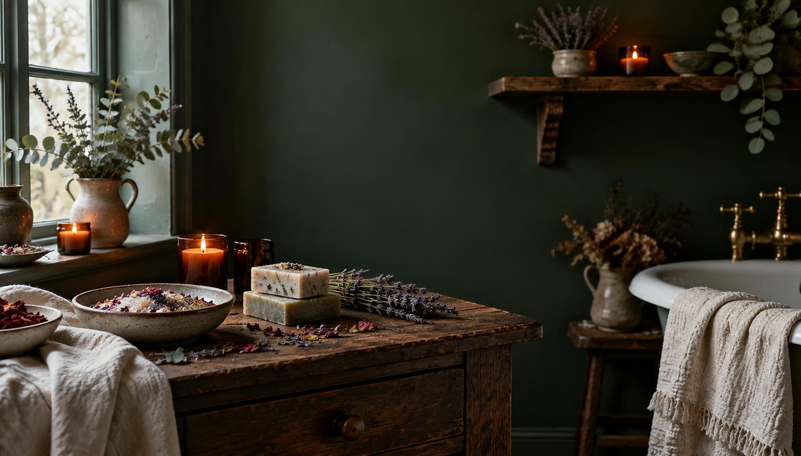 Botanical candles, handmade soap and flower-strewn bath salts in a dark green country bathroom