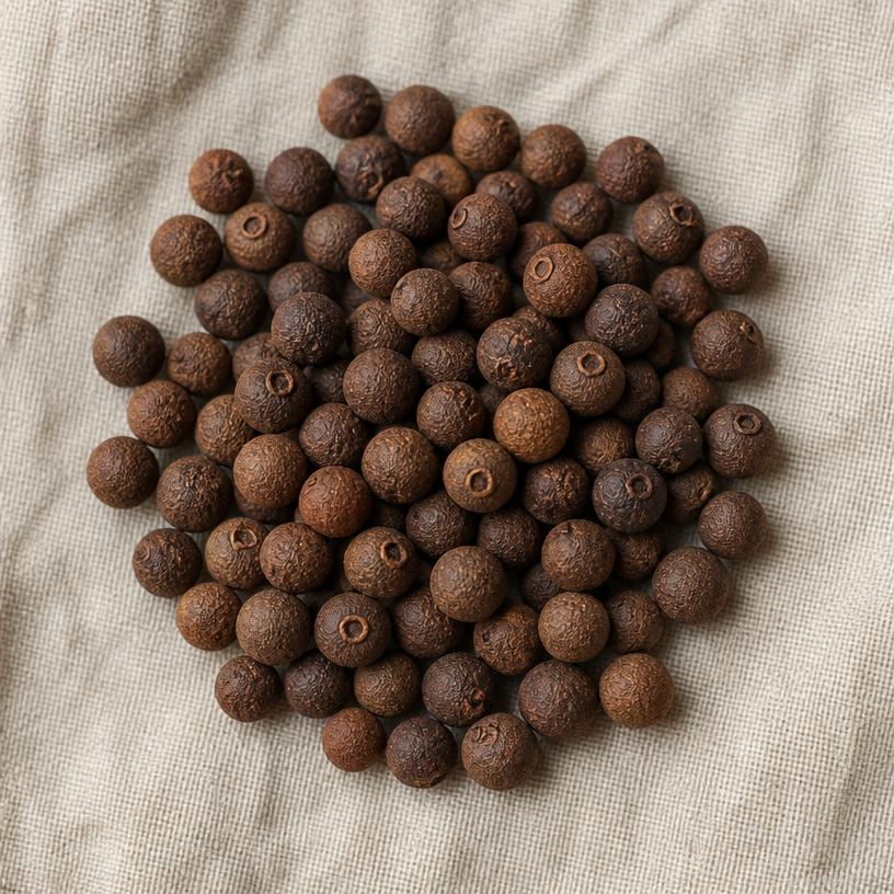 A pile of Allspice on aged cream parchment