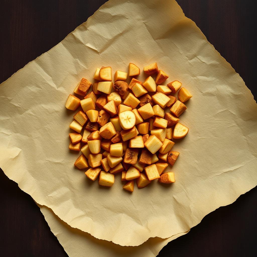 A pile of Apple pieces on aged cream parchment