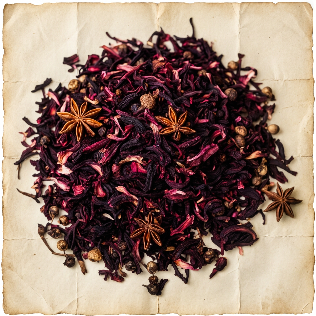 A pile of Hibiscus, star anise & juniper on aged cream parchment