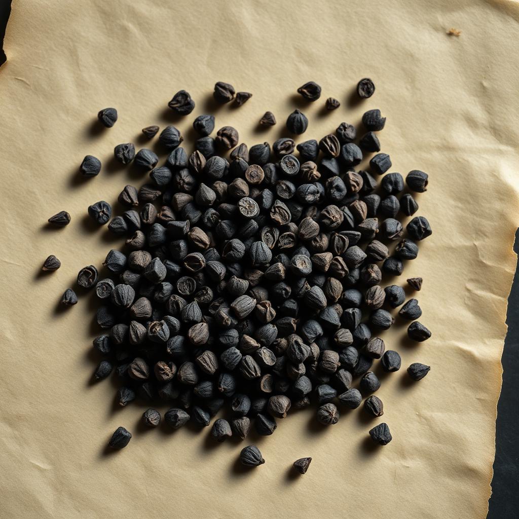 A pile of Black pepper on aged cream parchment