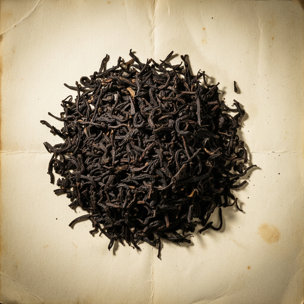 A pile of Assam black on aged cream parchment
