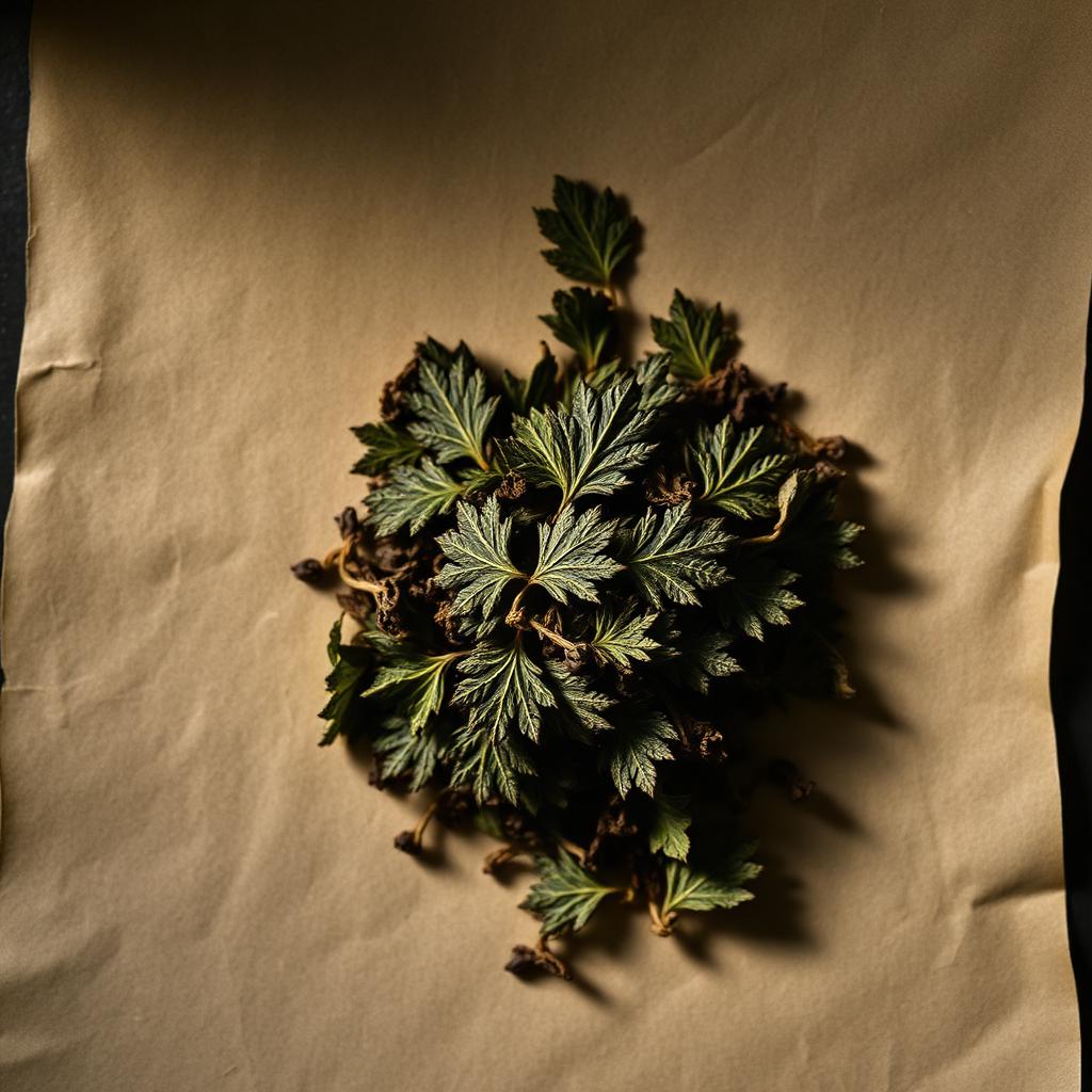 A pile of Blackcurrant leaf on aged cream parchment
