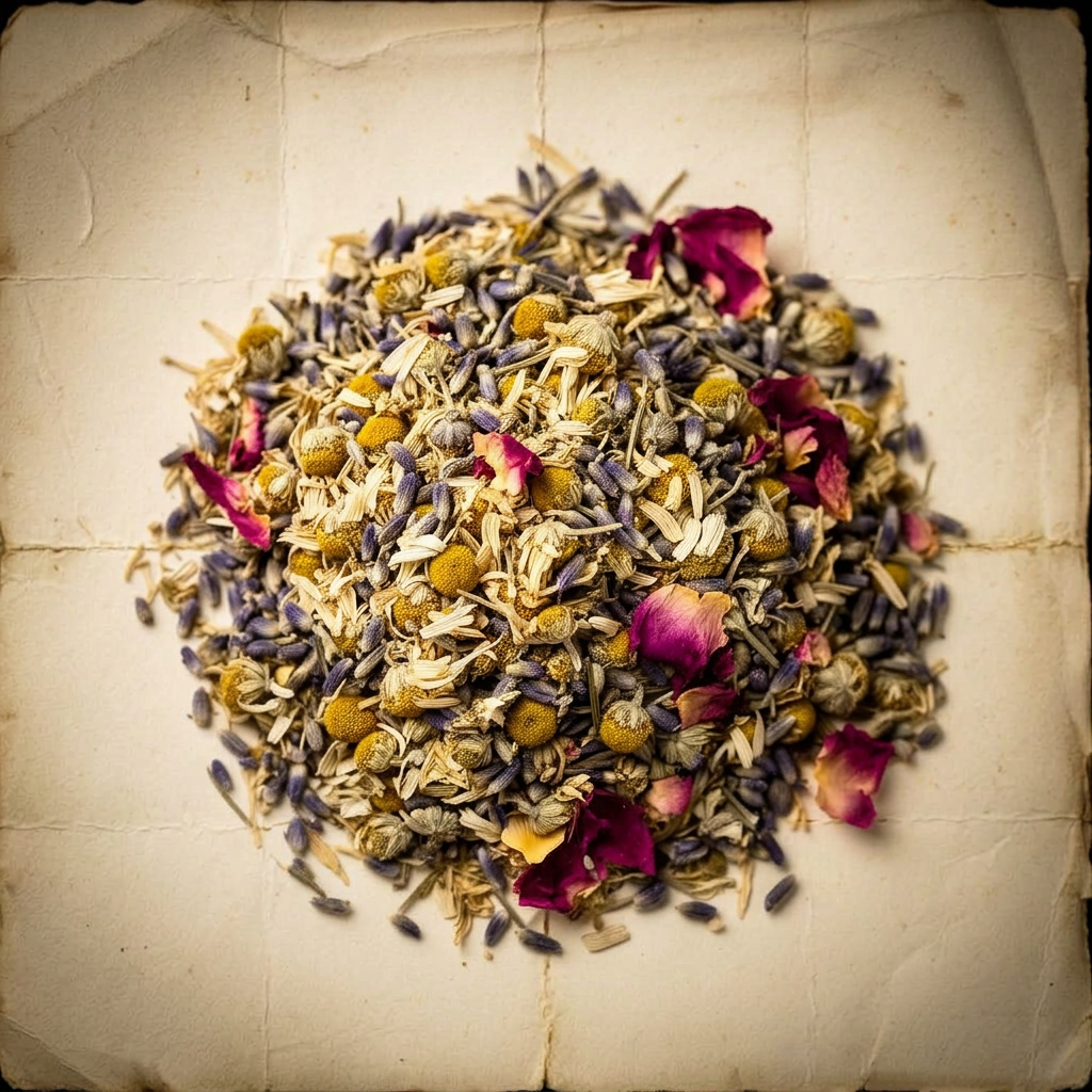 A pile of Chamomile, lavender & rose on aged cream parchment