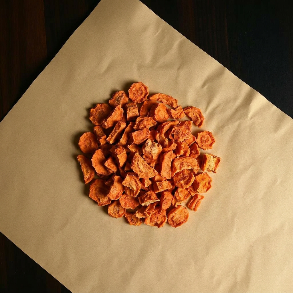 A pile of Carrot pieces on aged cream parchment