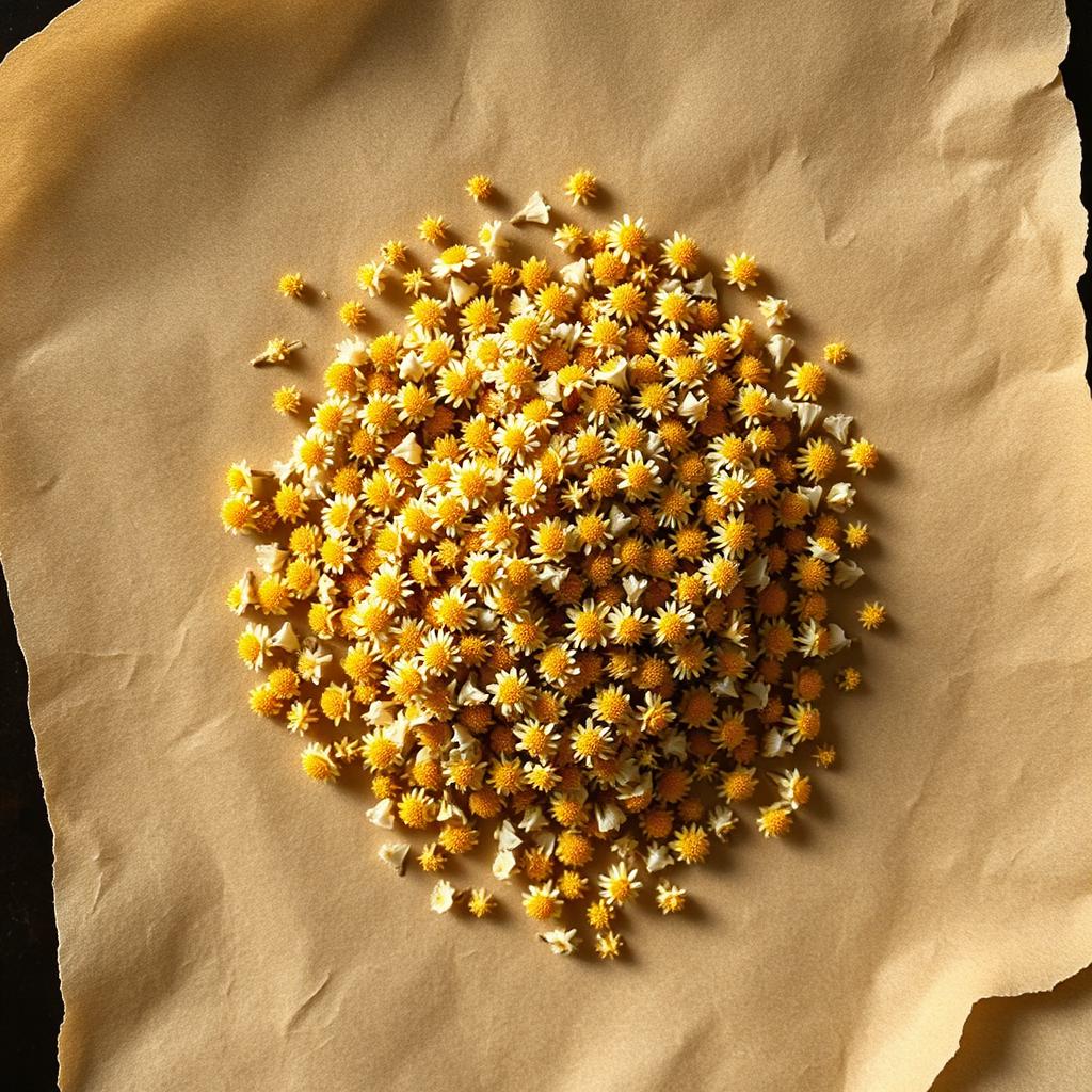 A pile of Chamomile flowers on aged cream parchment