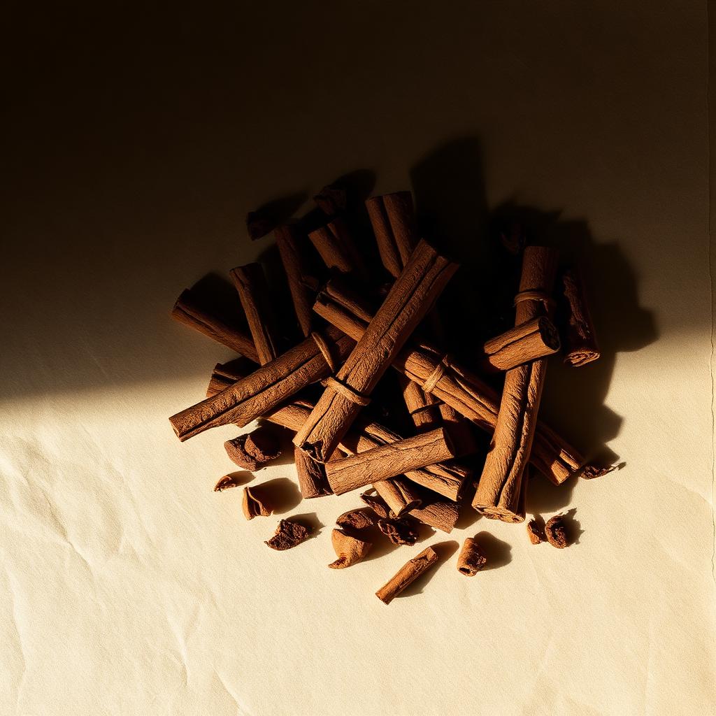 A pile of Cinnamon on aged cream parchment