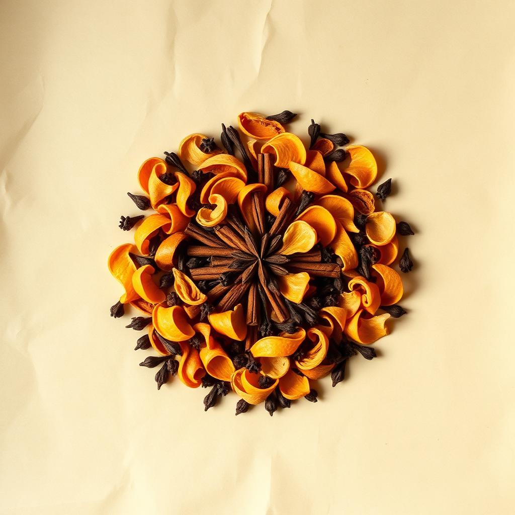 A pile of Citrus peel, cinnamon & clove on aged cream parchment