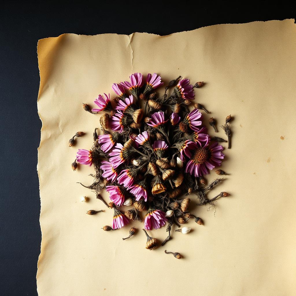 A pile of Echinacea on aged cream parchment