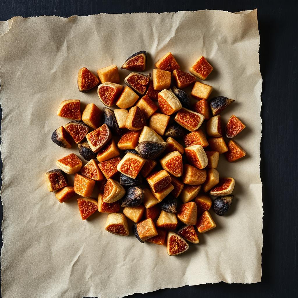 A pile of Fig pieces on aged cream parchment