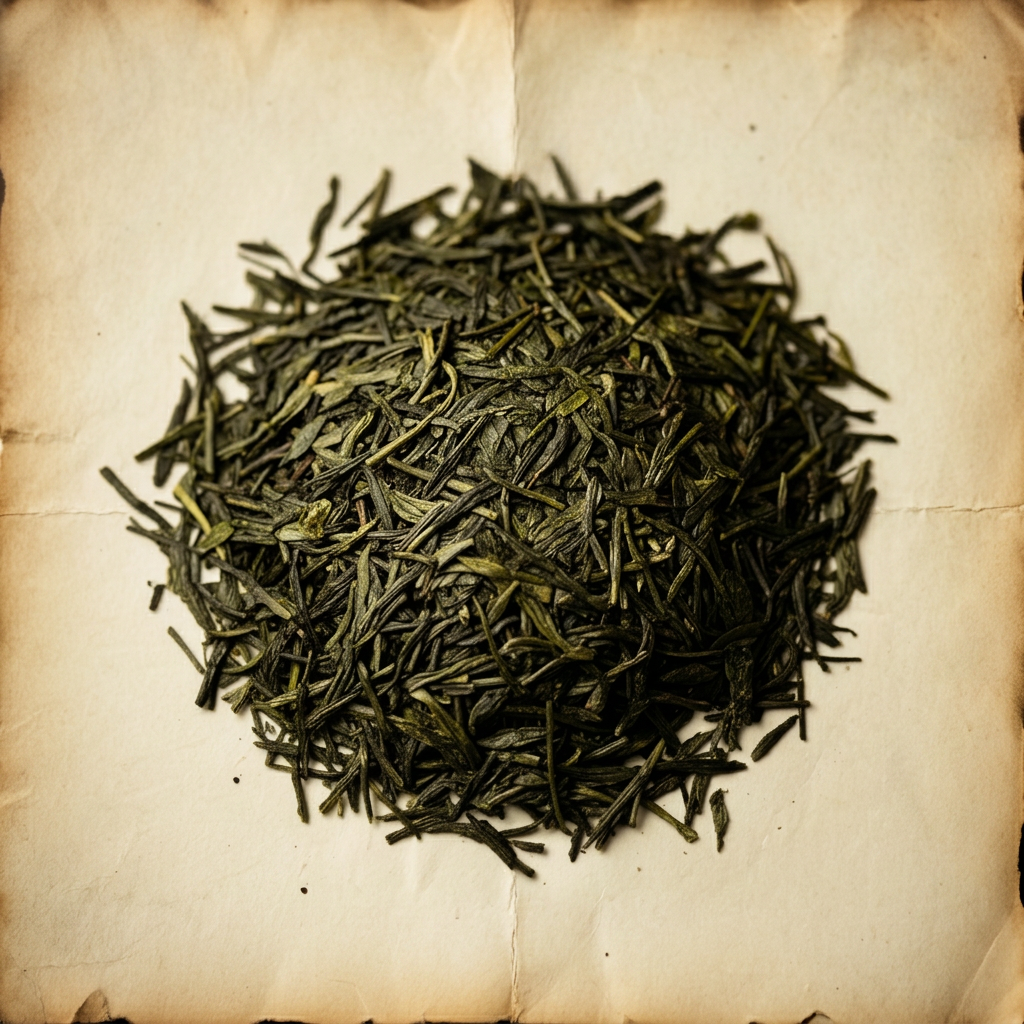 A pile of Sencha green on aged cream parchment