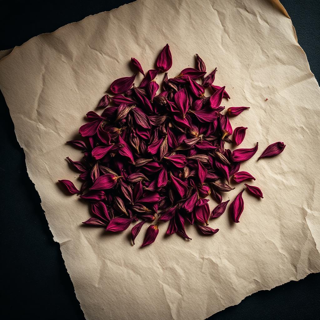 A pile of Hibiscus on aged cream parchment