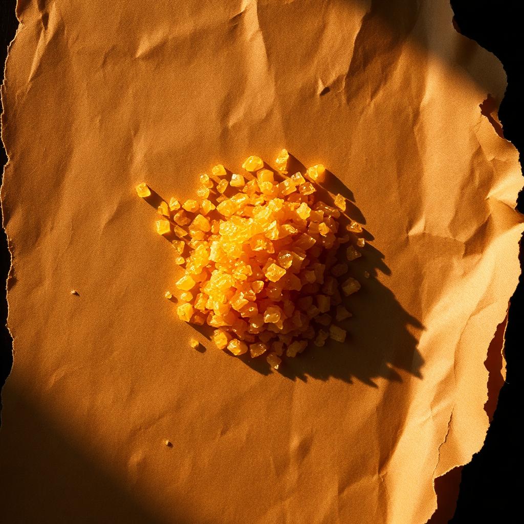 A pile of Honey crystals on aged cream parchment