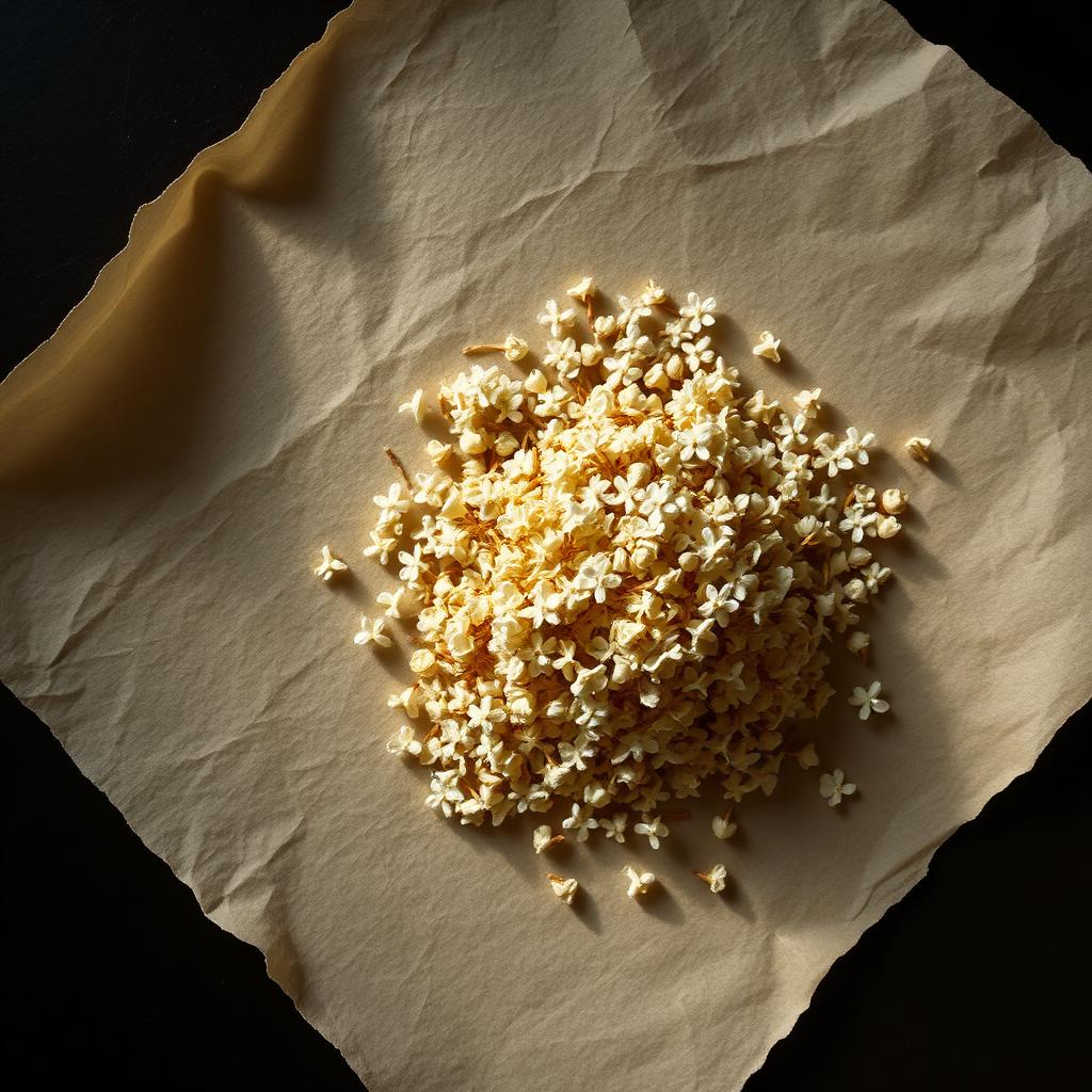 A pile of Jasmine flowers on aged cream parchment