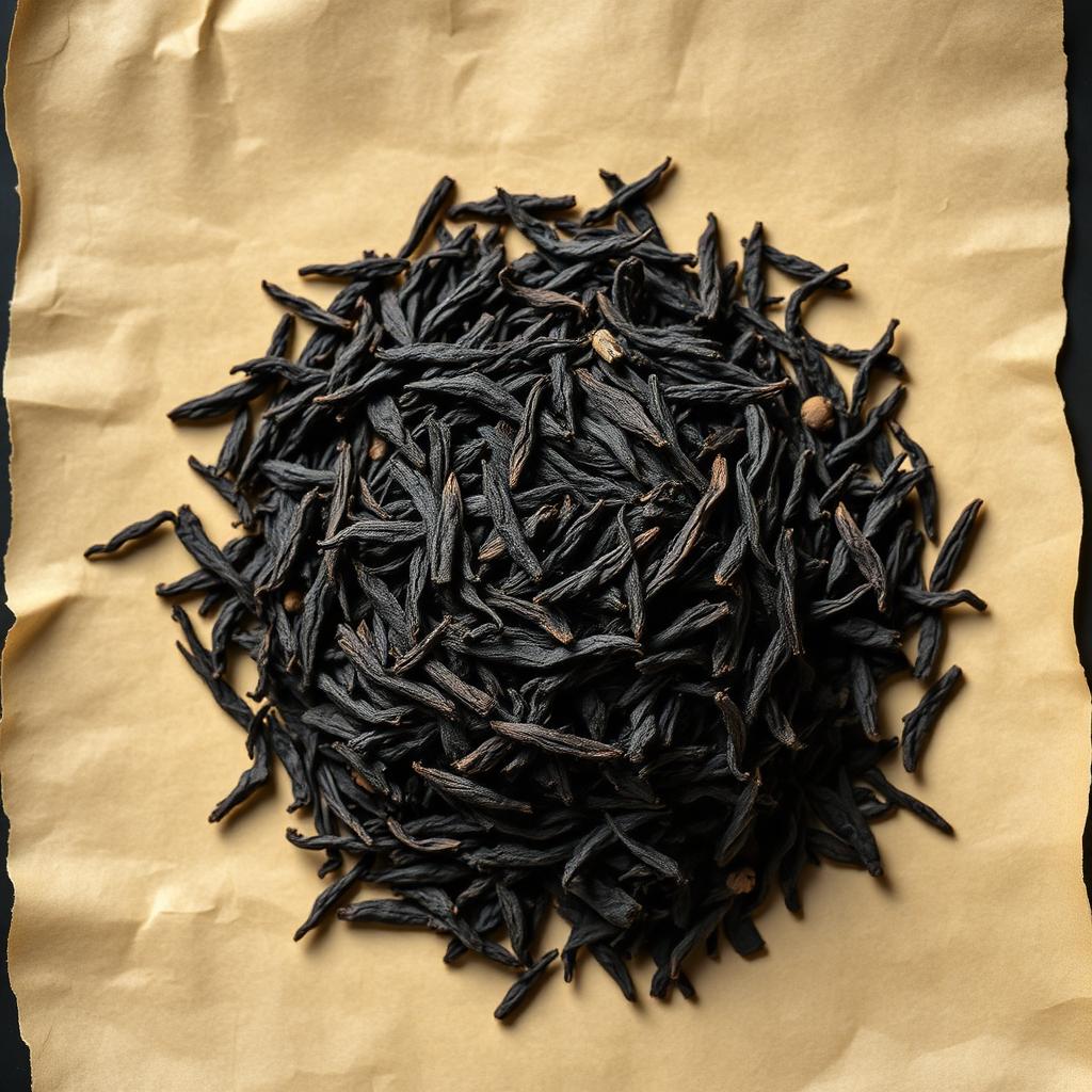 A pile of Lapsang souchong on aged cream parchment