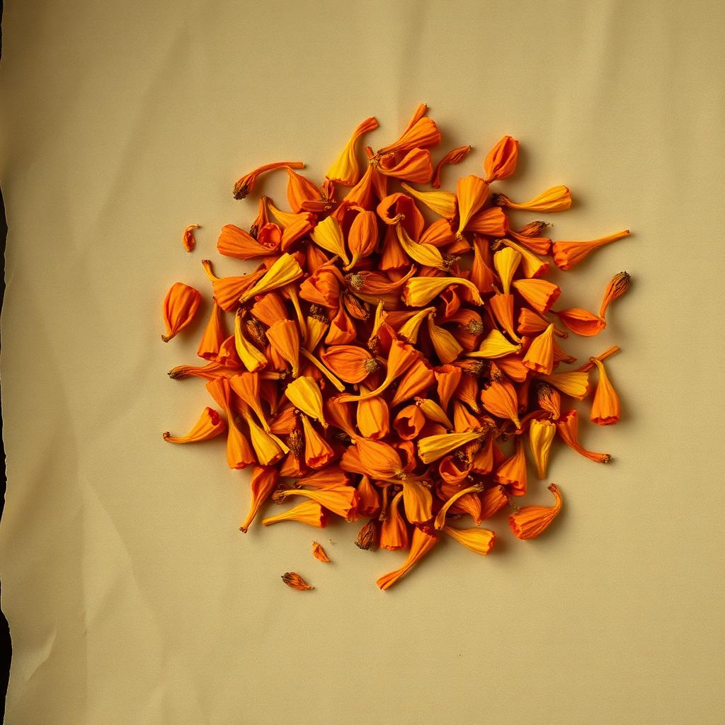 A pile of Marigold petals on aged cream parchment