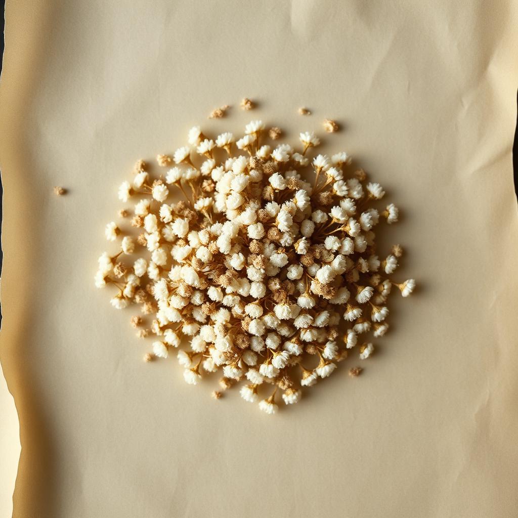 A pile of Meadowsweet on aged cream parchment