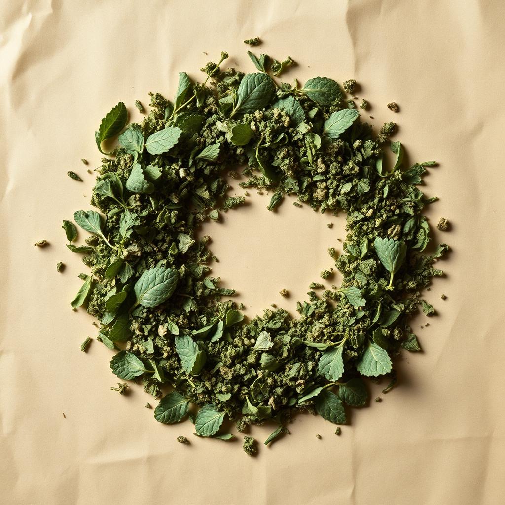 A pile of Peppermint, nettle & lemon balm on aged cream parchment