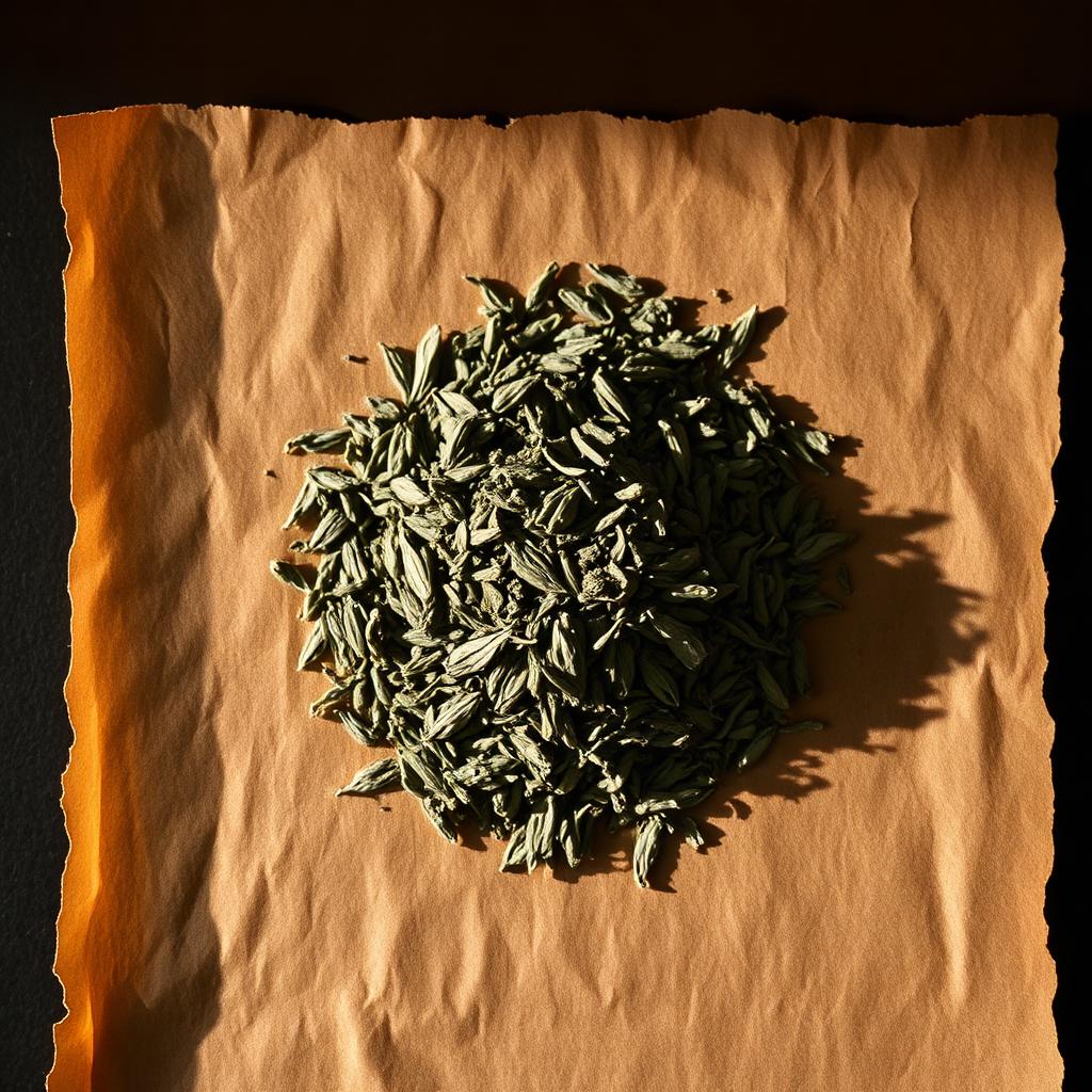A pile of Mugwort on aged cream parchment