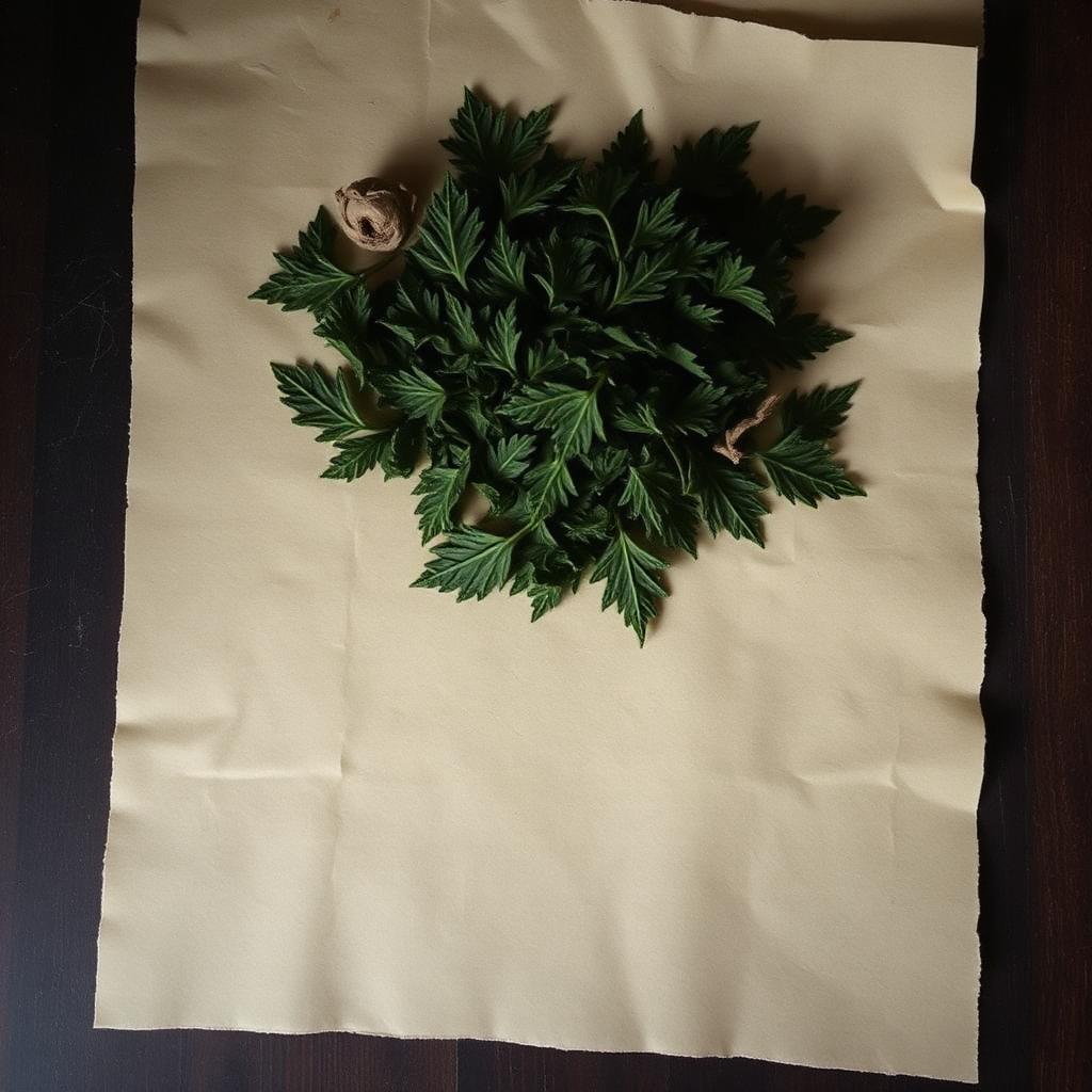 A pile of Nettle leaf on aged cream parchment