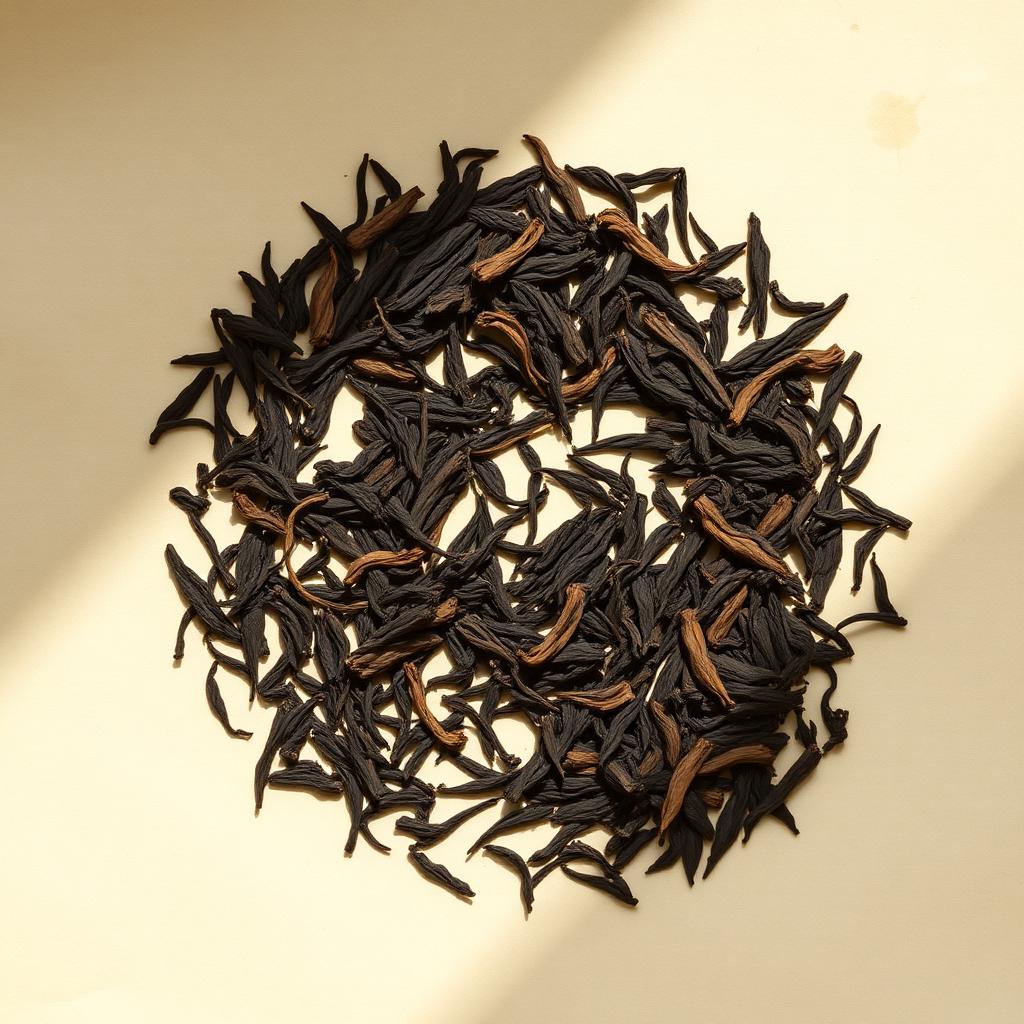A pile of Wuyi oolong on aged cream parchment