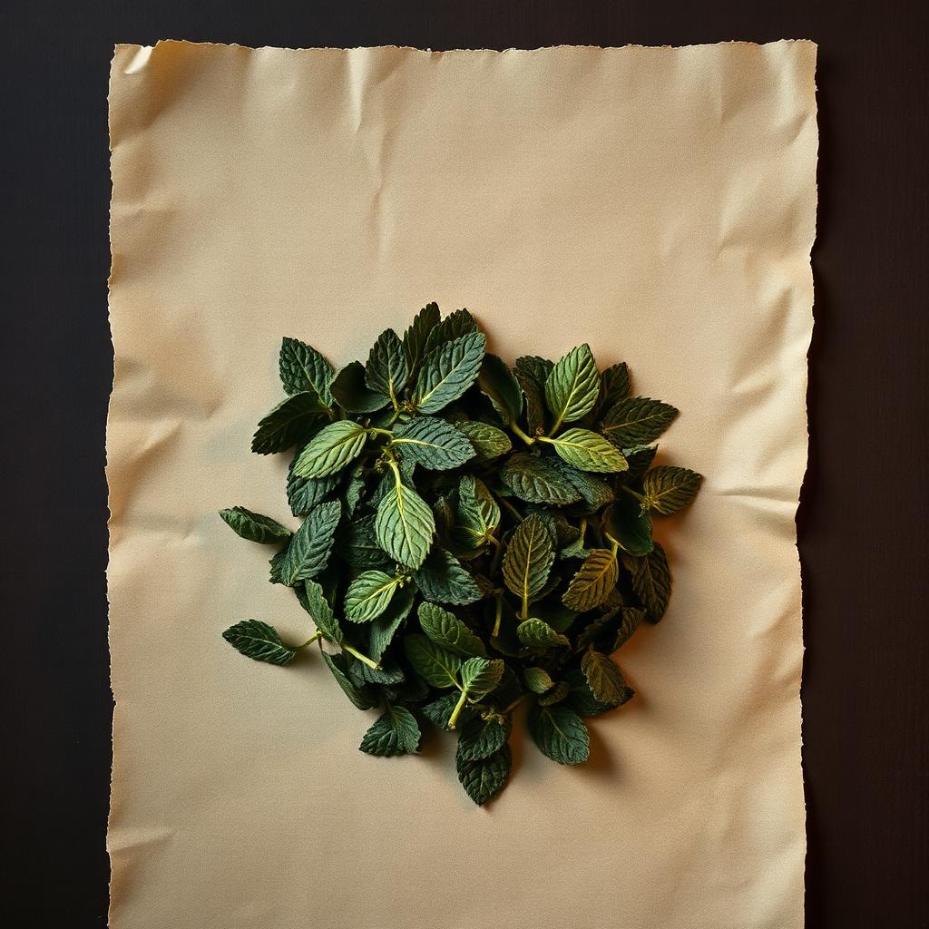 A pile of Peppermint on aged cream parchment