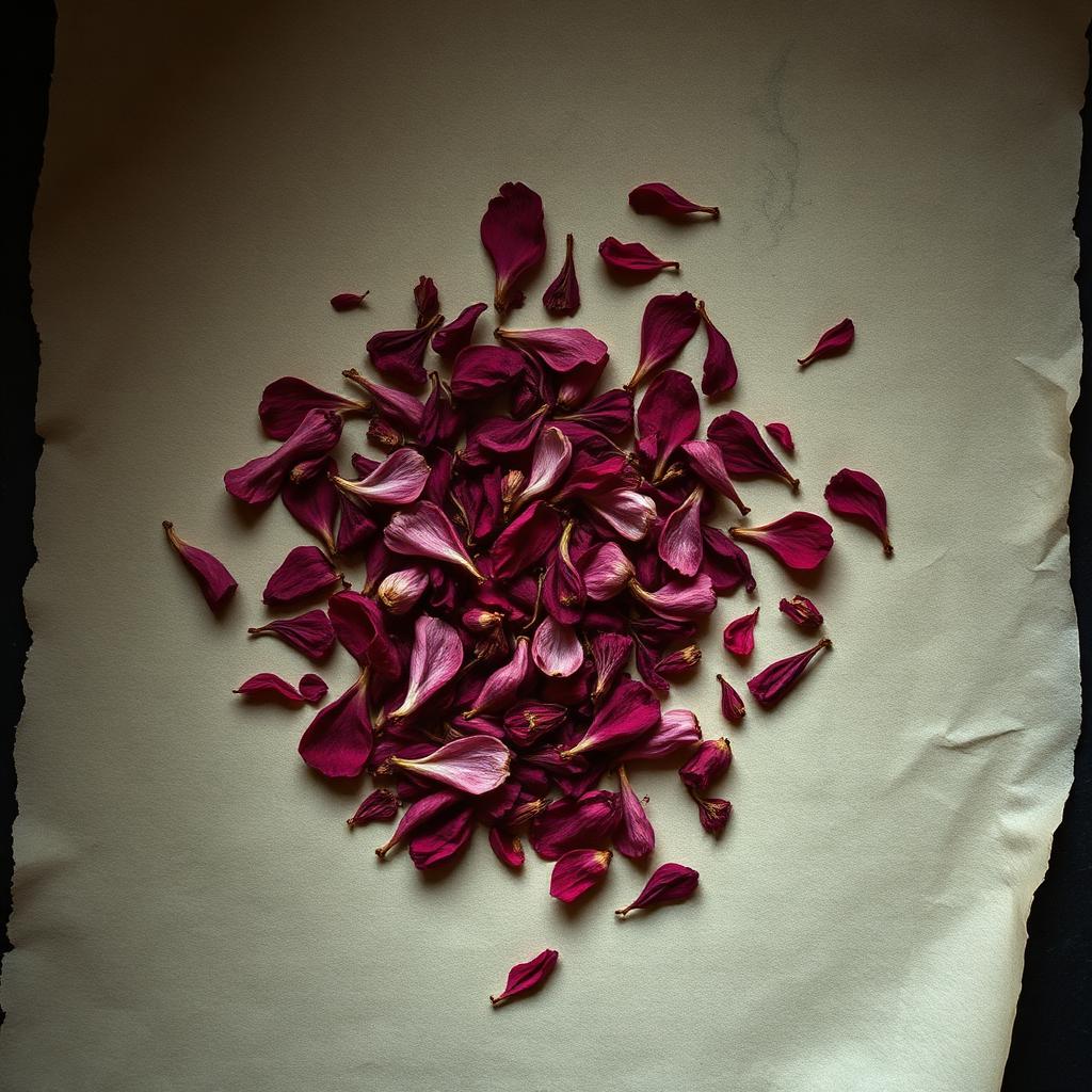 A pile of Rose petals on aged cream parchment