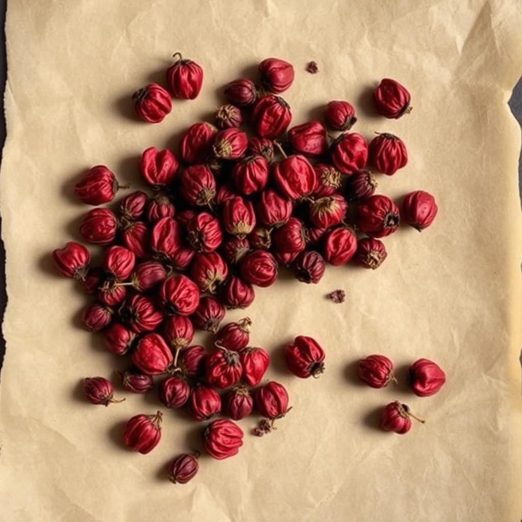 A pile of Rosehip on aged cream parchment