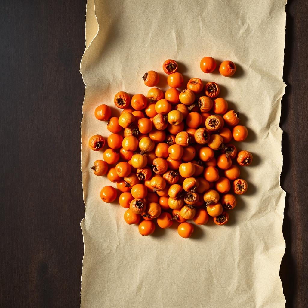A pile of Sea buckthorn on aged cream parchment