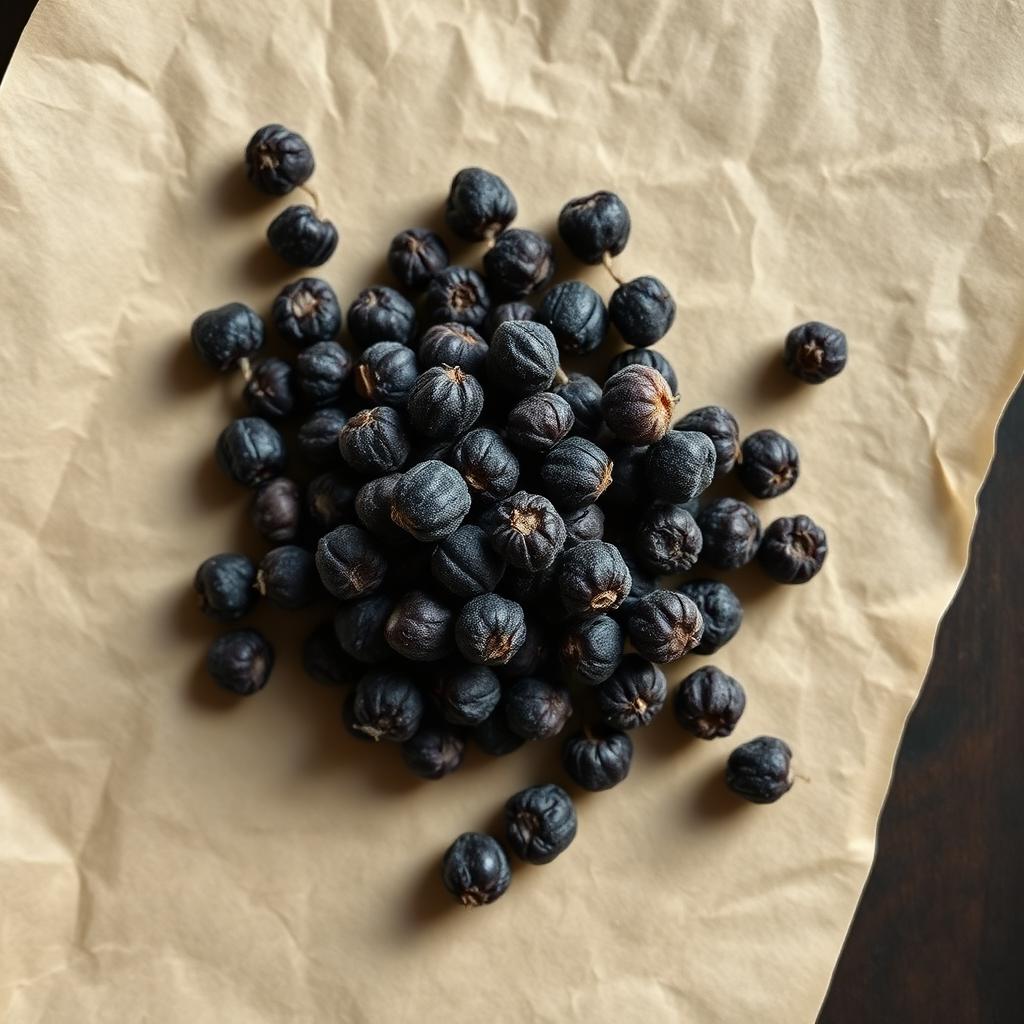 A pile of Sloe berry on aged cream parchment