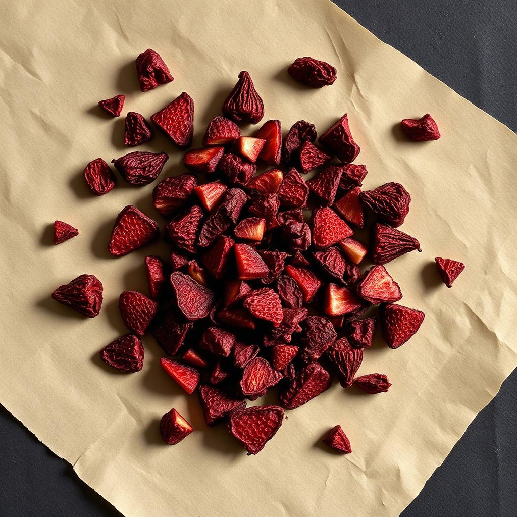 A pile of Strawberry pieces on aged cream parchment