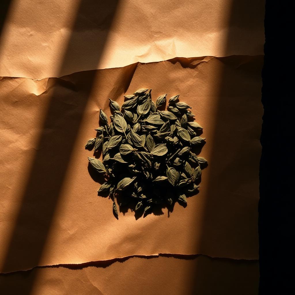 A pile of Tulsi on aged cream parchment