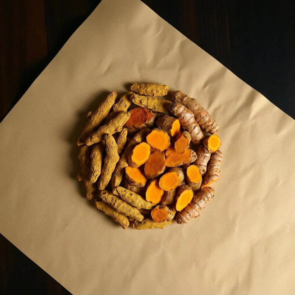 A pile of Turmeric root on aged cream parchment