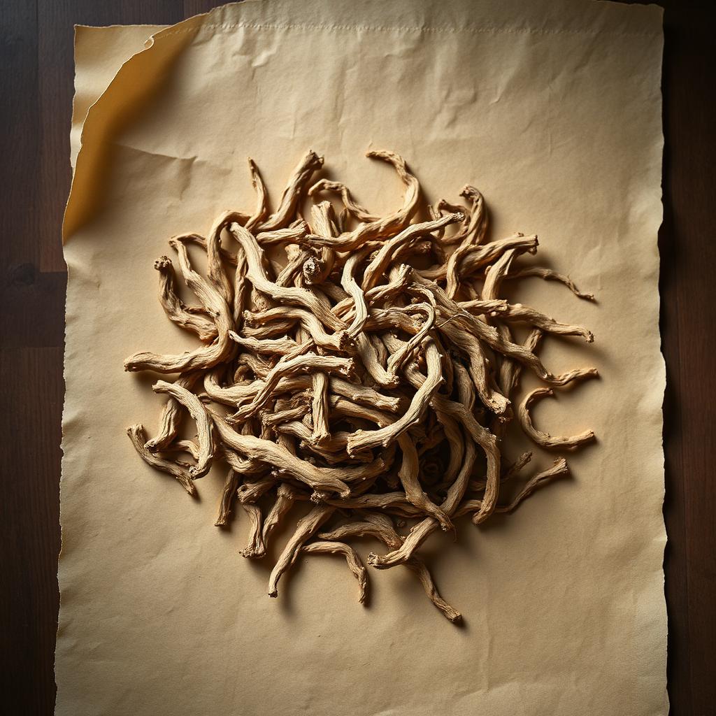 A pile of Valerian root on aged cream parchment