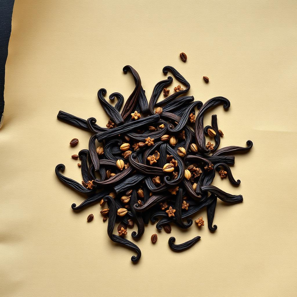A pile of Vanilla pieces on aged cream parchment