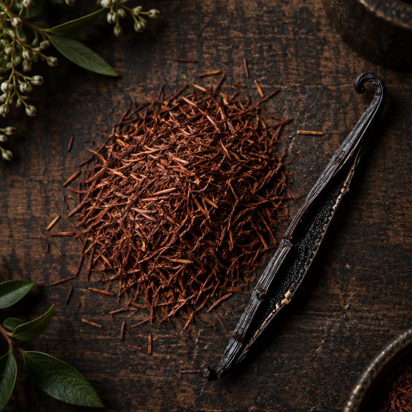 A pile of Vanilla rooibos on aged cream parchment