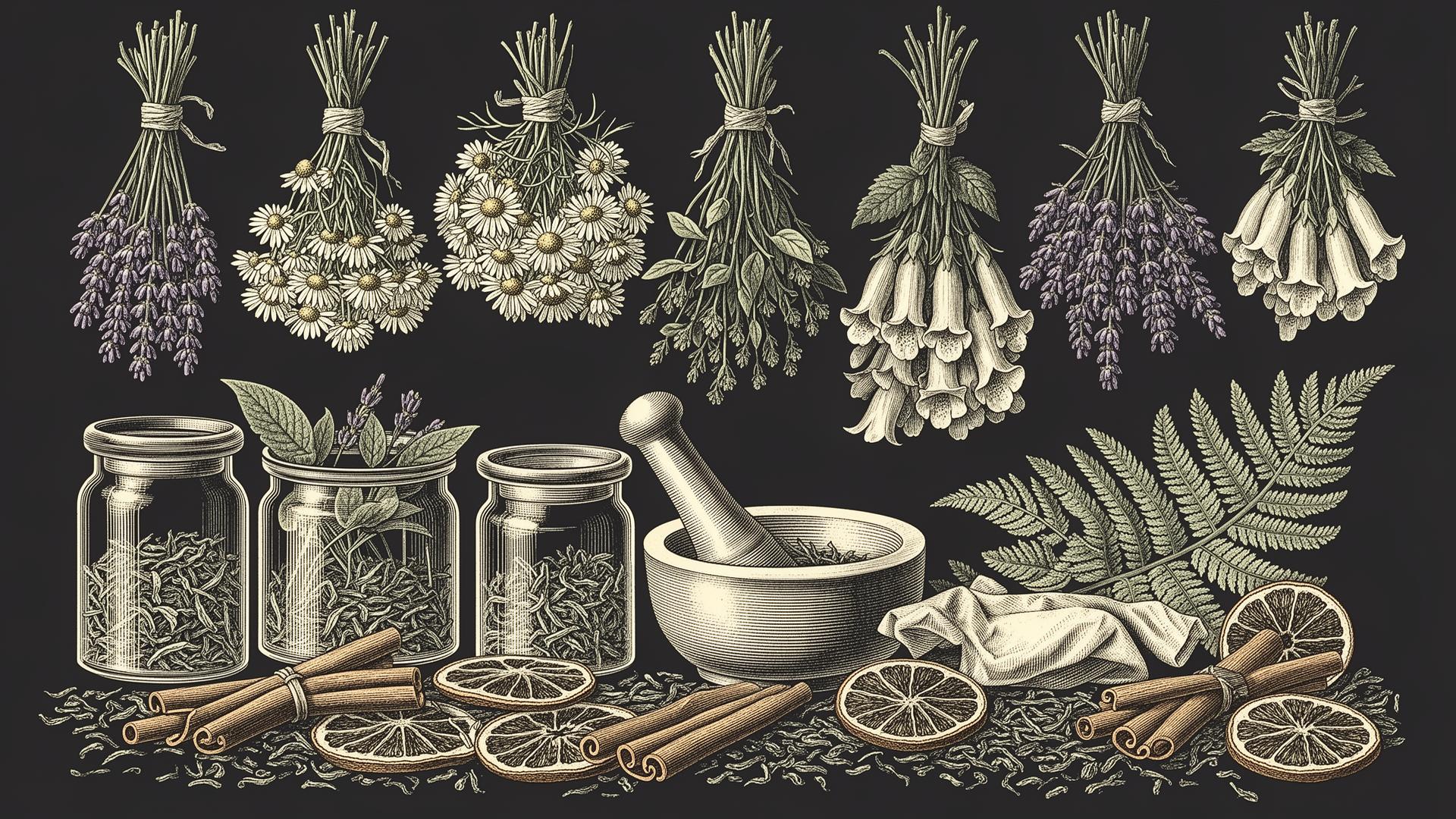 Antique botanical engraving of apothecary jars, dried herbs, chamomile, lavender and tea leaves