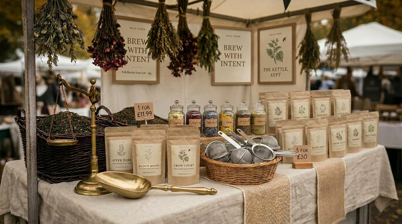 Wild Steep market stall — brass scales, wicker baskets of loose leaf tea and apothecary jars of botanicals at an outdoor craft market