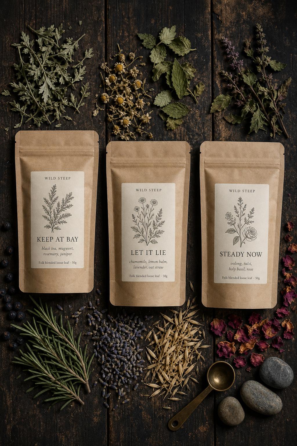 Belief Folk blends from Wild Steep, kraft pouches with botanicals