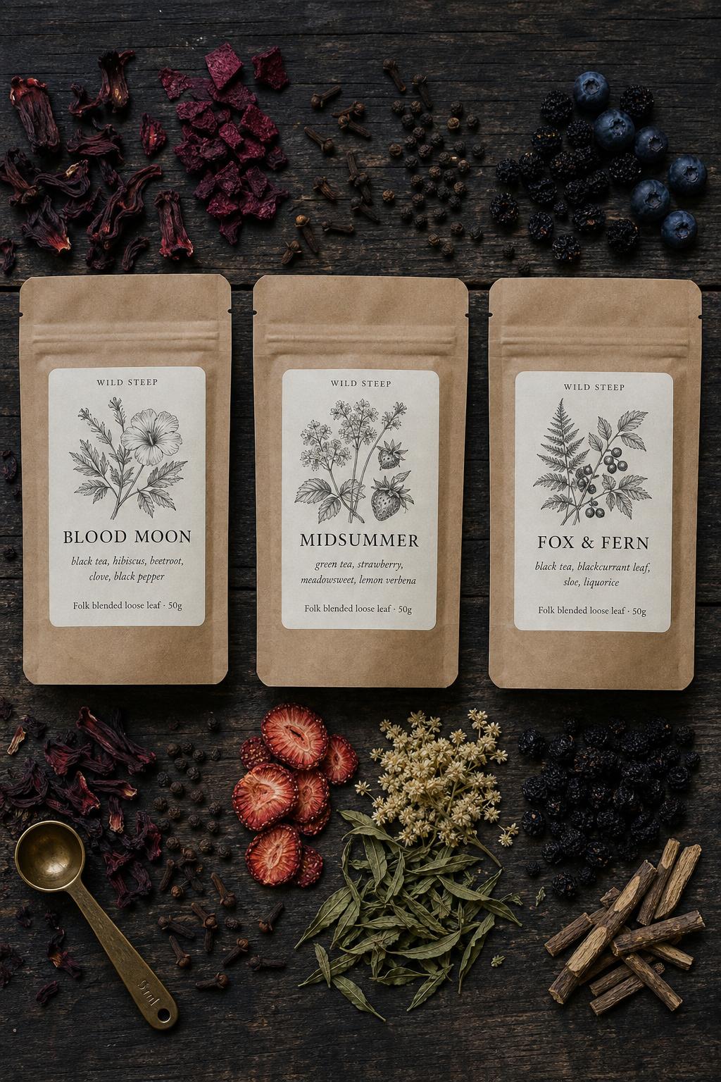 Flavour Folk blends from Wild Steep, kraft pouches with botanicals