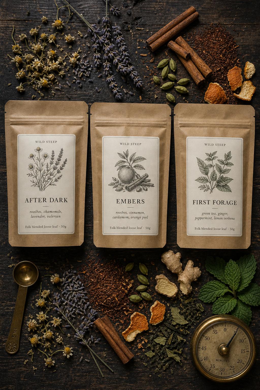 Functional Folk blends from Wild Steep, kraft pouches with botanicals