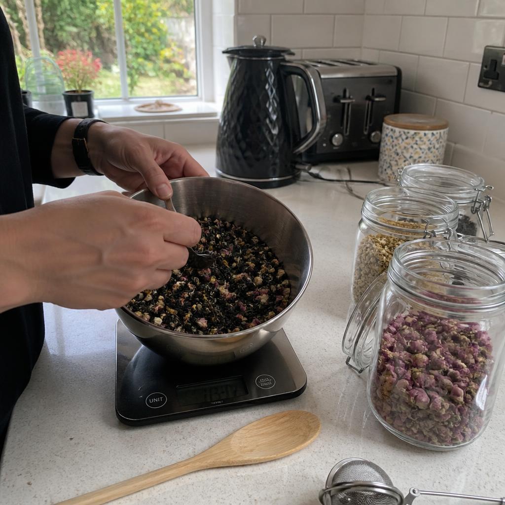 Hands hand blending loose leaf tea and dried botanicals in a wooden bowl.