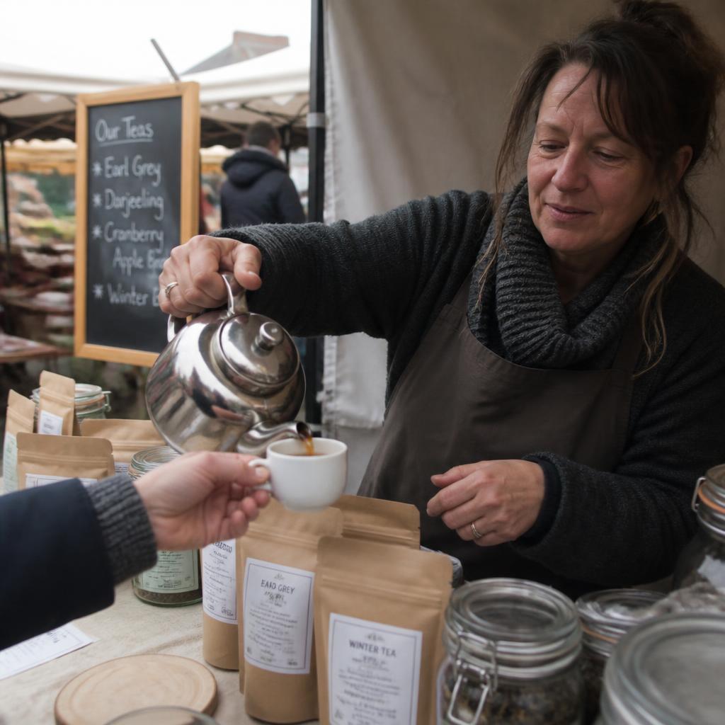 A tea maker pouring a tasting cup for a customer at a market stall.
