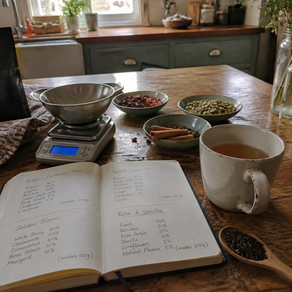 Handwritten blend recipes on a wooden workbench with loose leaf tea and scales.